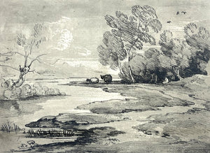 Rare "After" Thomas Gainsborough, soft ground etching – Wooded River Landscape with Shepherd and Sheep