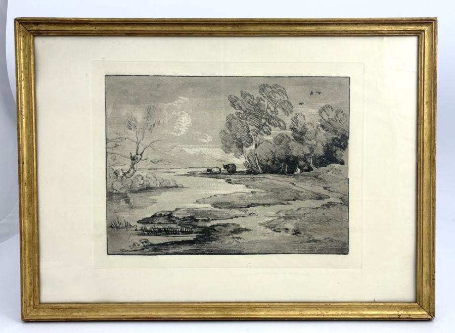 Rare "After" Thomas Gainsborough, soft ground etching – Wooded River Landscape with Shepherd and Sheep