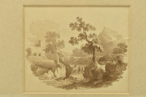John Berney Ladbrooke, ink on paper – A Picturesque Landscape With a Waterfall