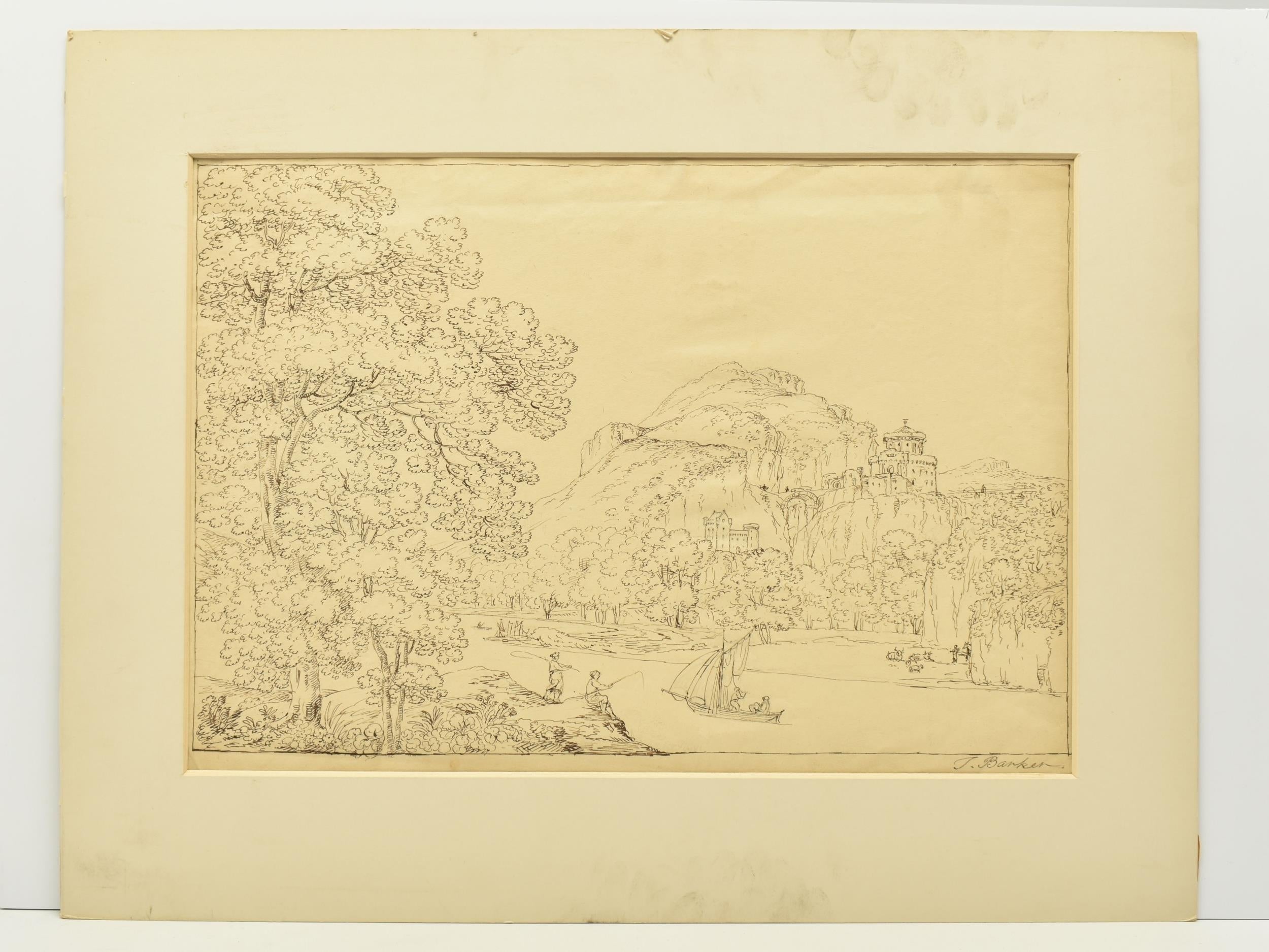 Thomas Barker of Bath, ink on paper – A River Landscape