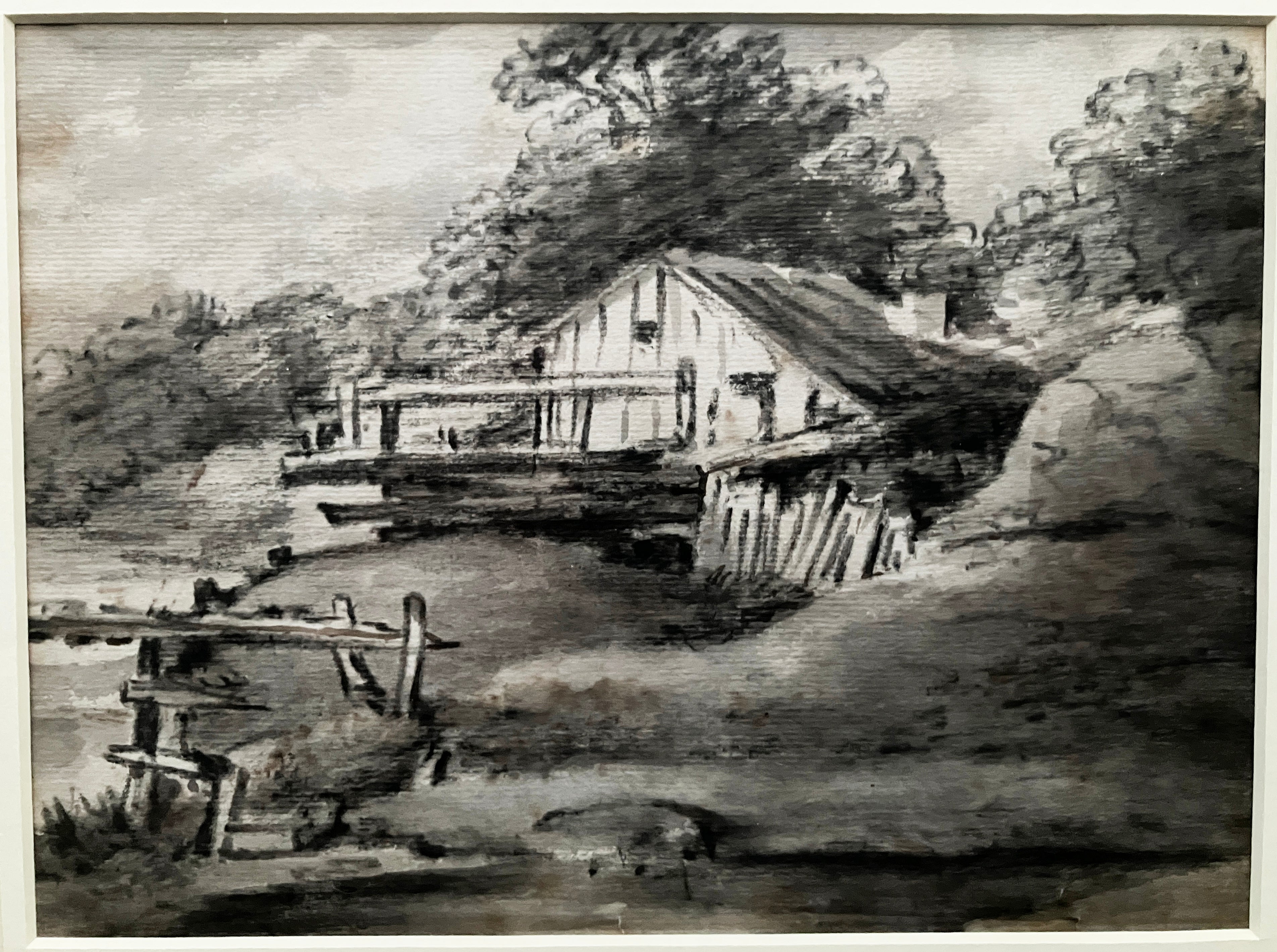 Dr Thomas Monro (c.1790s). Black chalk, wash and brush – wood shack by river