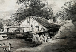 Dr Thomas Monro (c.1790s). Black chalk, wash and brush – wood shack by river