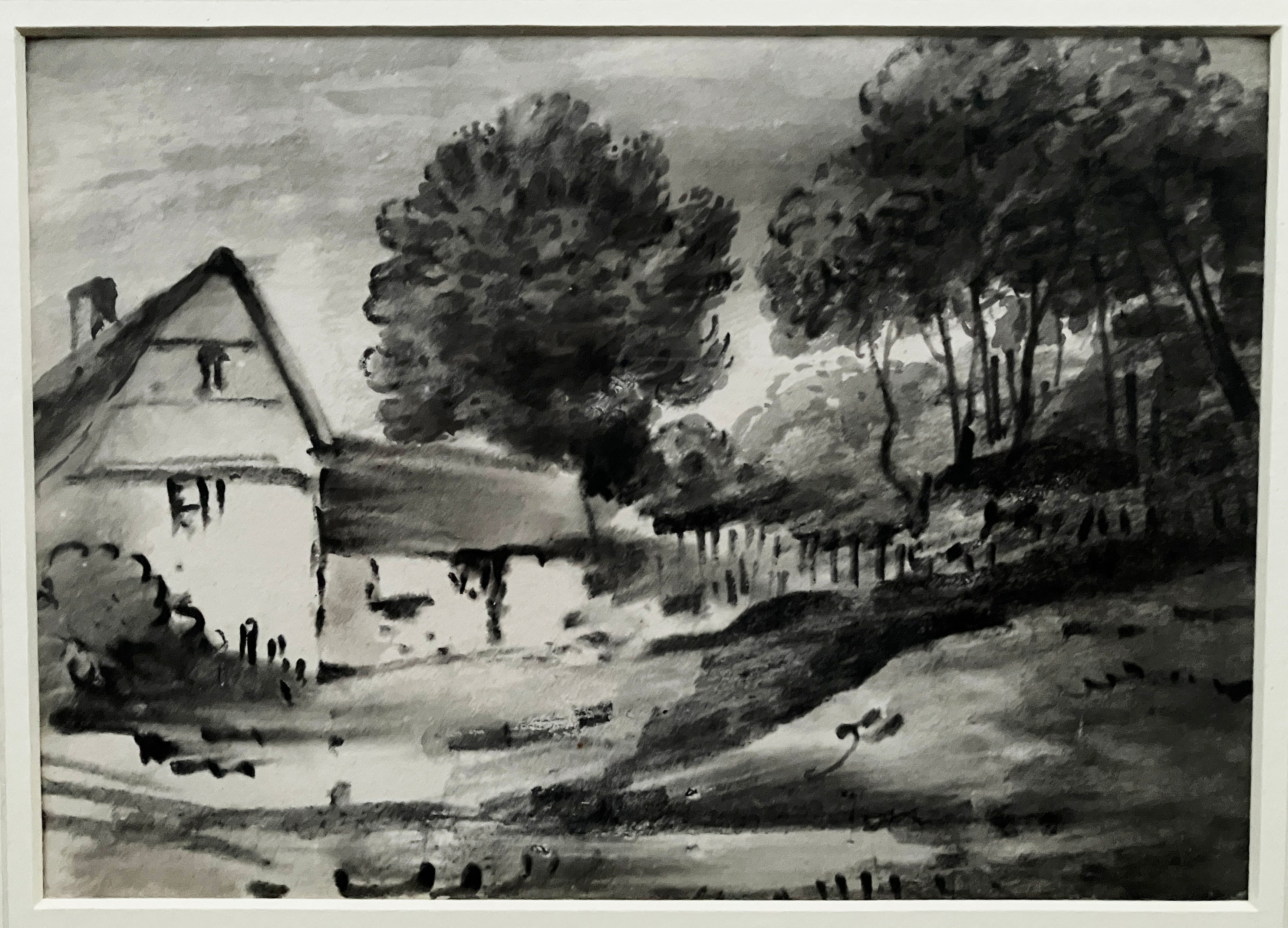 Dr Thomas Monro (c.1790s). Black chalk, wash and brush – house in wooded valley