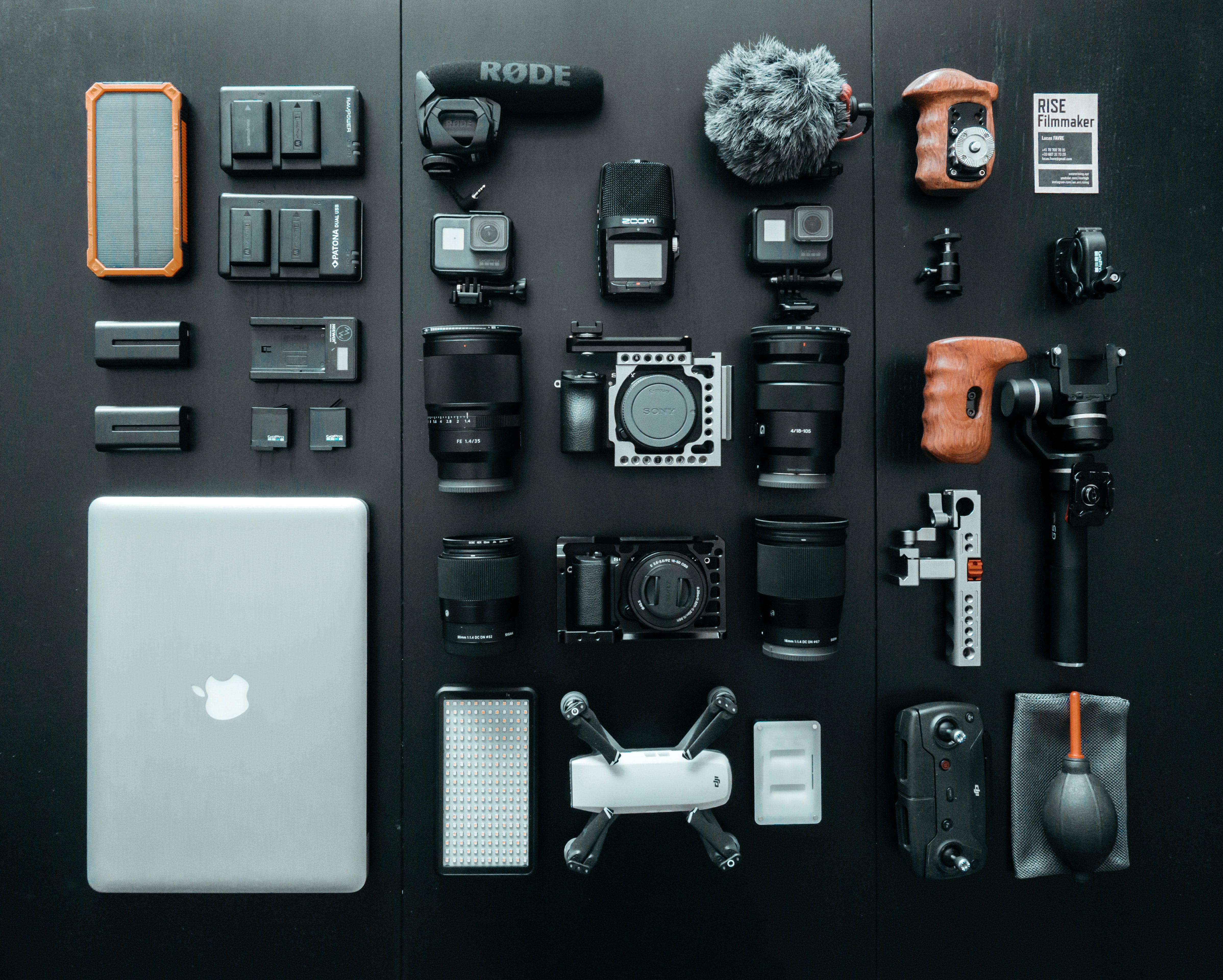 This a is a variety of equipment used by Essex drones, incluing Mac laptops, gimbals, battery packs, mics and multi lenses.